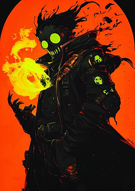 Dark Figure with Fire and Skulls