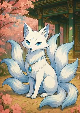 Nine-tailed Fox in a Cherry Blossom Garden