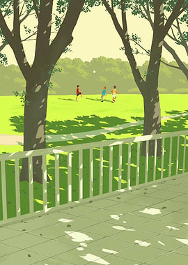 Children playing soccer in a park