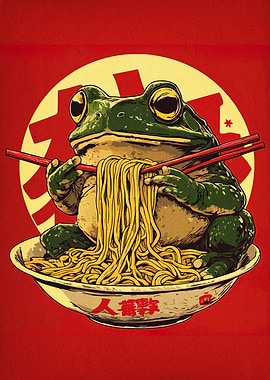 Frog eating ramen with chopsticks