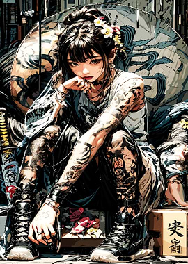 Tattooed Girl with Katana and Flowers