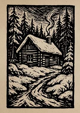 Winter Cabin Woodcut Print Art