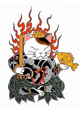 Japanese Cat Warrior with Sword and Fish