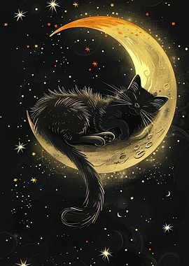 Black Cat Sleeping on the Moon