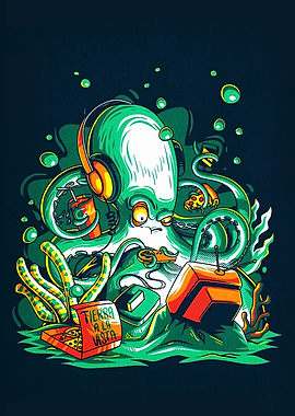 Gamer Octopus with Pizza and Cola