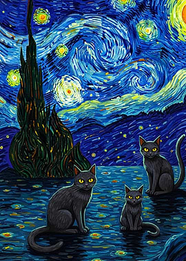 Cats in Starry Night Style