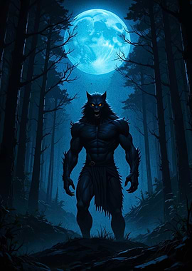 Werewolf in the Woods under Moonlight