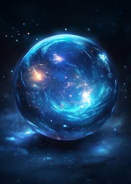 A glowing crystal orb with cosmic swirls of stars