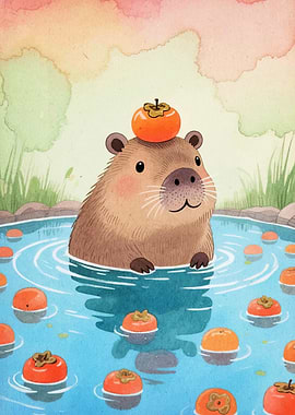 Capybara with Persimmon in Water