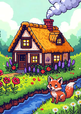 Pixel Art Cottage with Fox