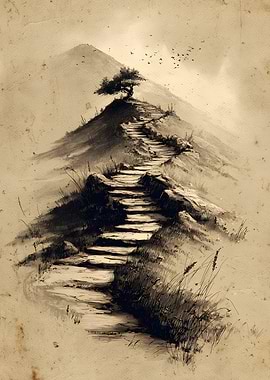 Mountain Path with Tree and Birds