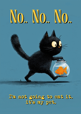 Black Cat and Goldfish Pet Vintage Funny Meme