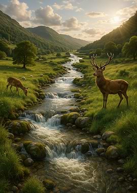Serenity of the Valley – Stag by the River at Sunset
