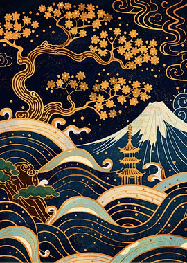 Japanese Landscape with Mount Fuji