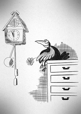 Cartoon in Love Bird with Flower and Cuckoo Clock