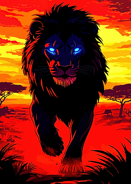 Lion with Glowing Eyes in Savannah