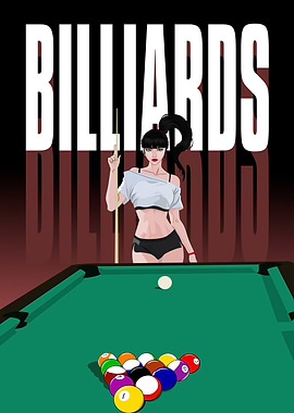 Billiards Illustration with Woman and Pool Table
