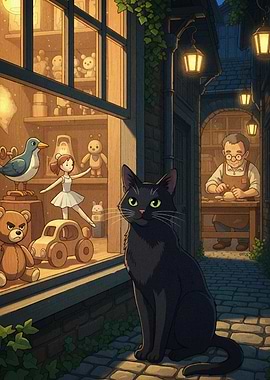 Black cat outside toy shop at night