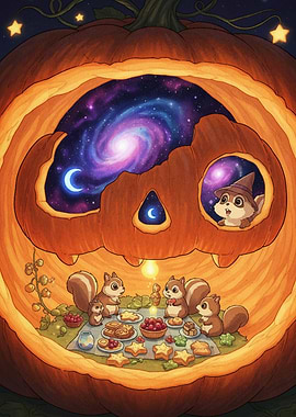 Squirrels' Halloween Picnic in a Pumpkin