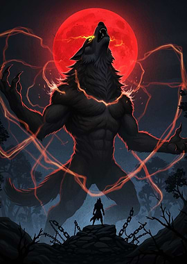 Werewolf Howling at Red Moon