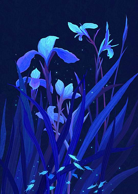 Blue Flowers and Fish Digital Art
