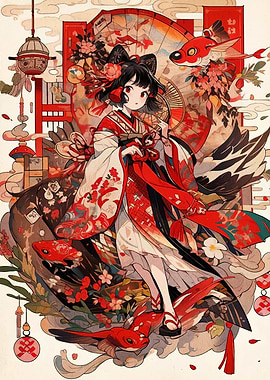 Anime Girl in Kimono with Koi Fish