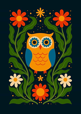 Stylized Owl with Floral Ornament