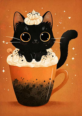 Cute Black Cat in Coffee Cup