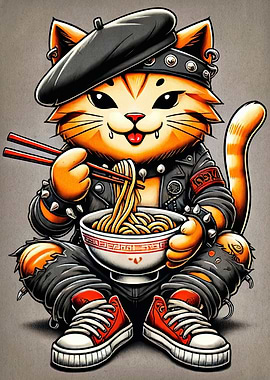 Punk Cat Eating Ramen Illustration