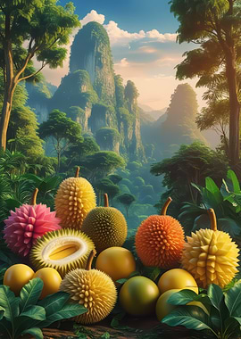Durian fruits in a tropical landscape