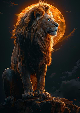 Majestic Lion with Fiery Moon