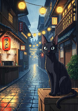 Black Cat in Rainy Japanese Alley