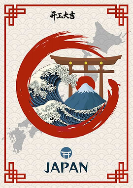 Japanese Landscape with Wave and Mountain