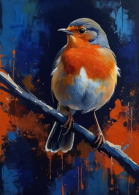 European Robin Bird on Branch Painting