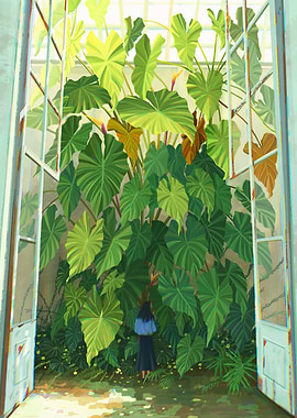 Greenhouse with Lush Plants and Figure