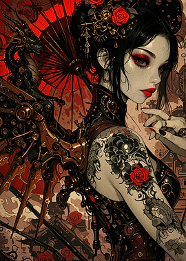 Steampunk Geisha with Dragon and Roses