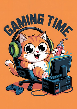 Cartoon Cat Gaming Time Illustration