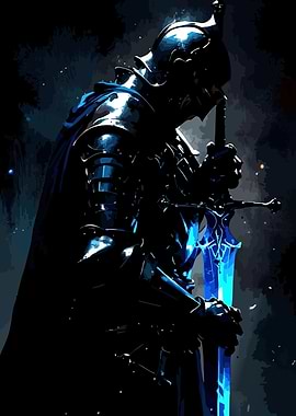 Dark Knight with Glowing Blue Sword