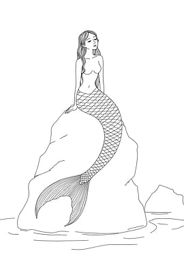 Mermaid on Rock Minimalist Line Art