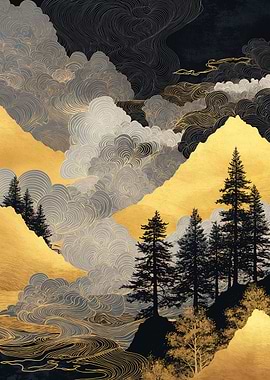 Golden Mountain Landscape with Trees