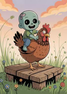 Zombie Kid Riding a Chicken Cartoon