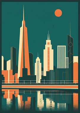 Minimalist Teal & Orange City Skyline Illustration — Retro Modern Urban Poster