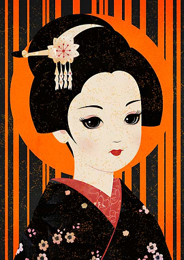 Retro Geisha Portrait with Orange& Black Stripes