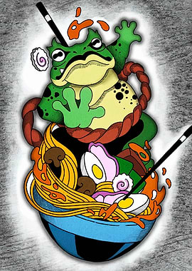 Frog on Ramen Bowl Illustration