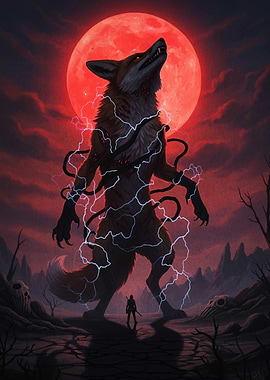 Werewolf under a blood moon illustration