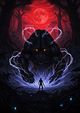 Black Panther and Warrior Under Red Moon