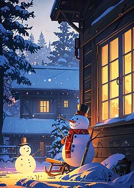 Winter Cabin Scene Snowmen