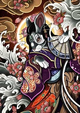 Rabbit Geisha with Fan and Flowers