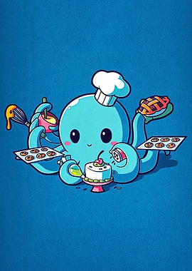 Cartoon Octopus Chef Baking Desserts