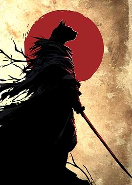 Samurai Cat Silhouette with Red Sun